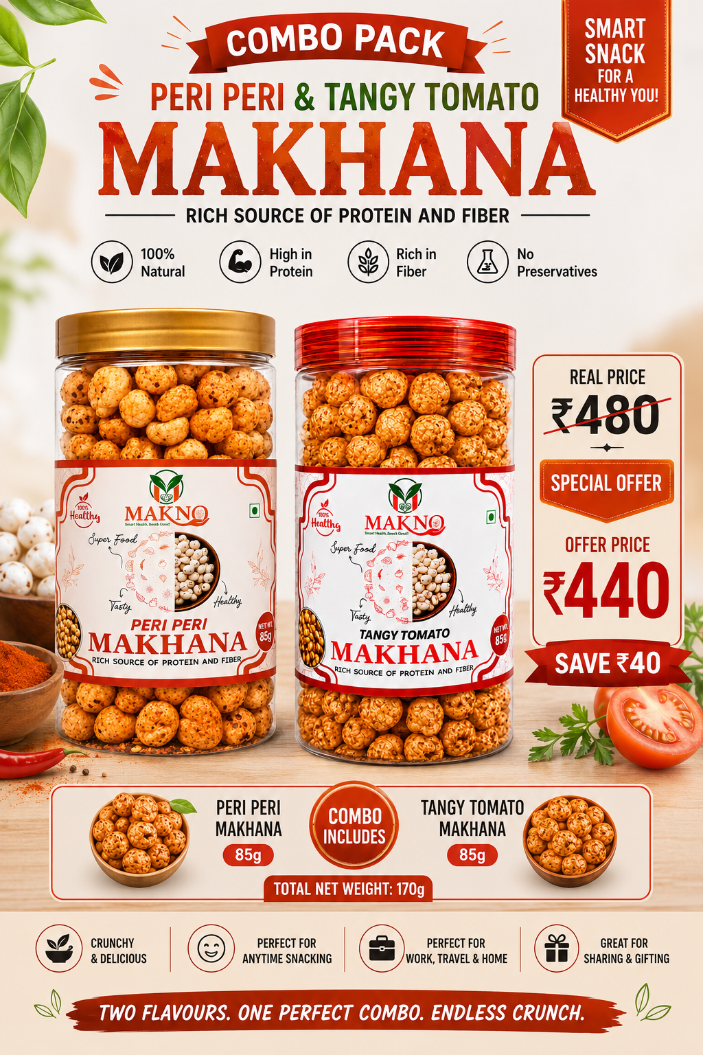 MAKNO Makhana Combo Pack – Peri Peri & Tangy Tomato | 85g + 85g