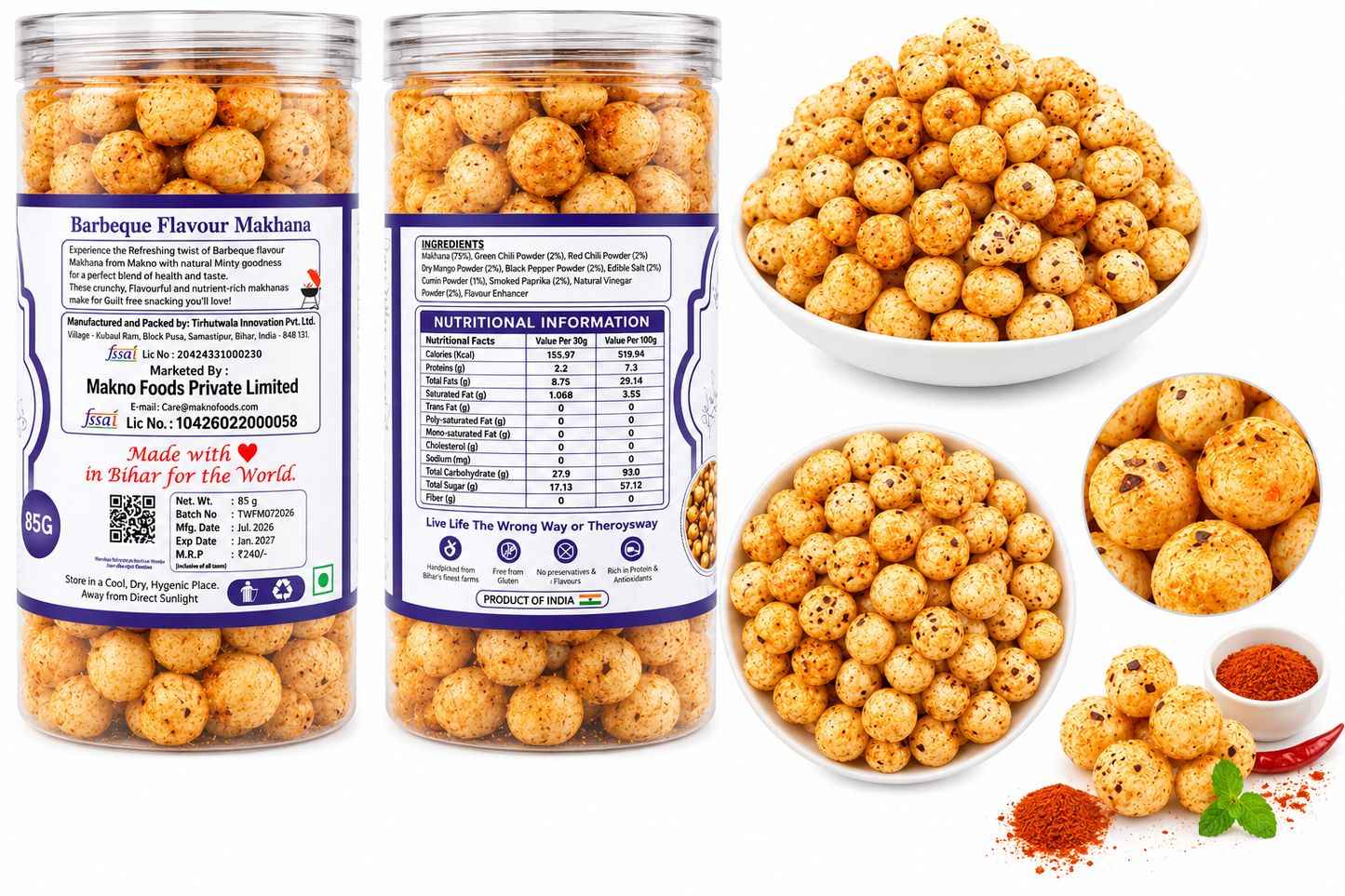 Makno Barbeque Makhana front and back pack shots beside bowls of roasted fox nuts and dipping spices