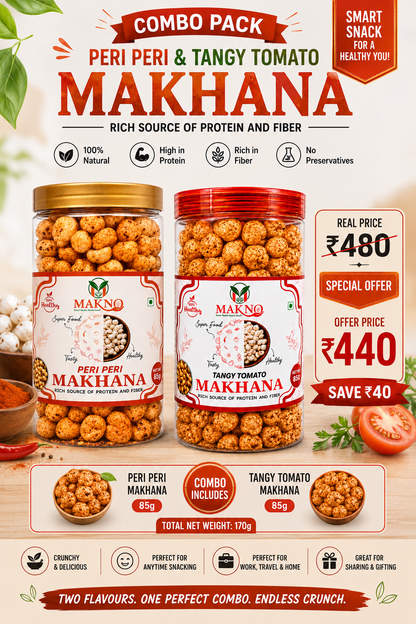 MAKNO Makhana Combo Pack – Peri Peri & Tangy Tomato | 85g + 85g