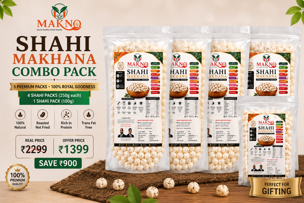 MAKNO Shahi Makhana Combo Pack – 4 × 250g + 1 × 100g | 5 Premium Packs | Special Combo Offer