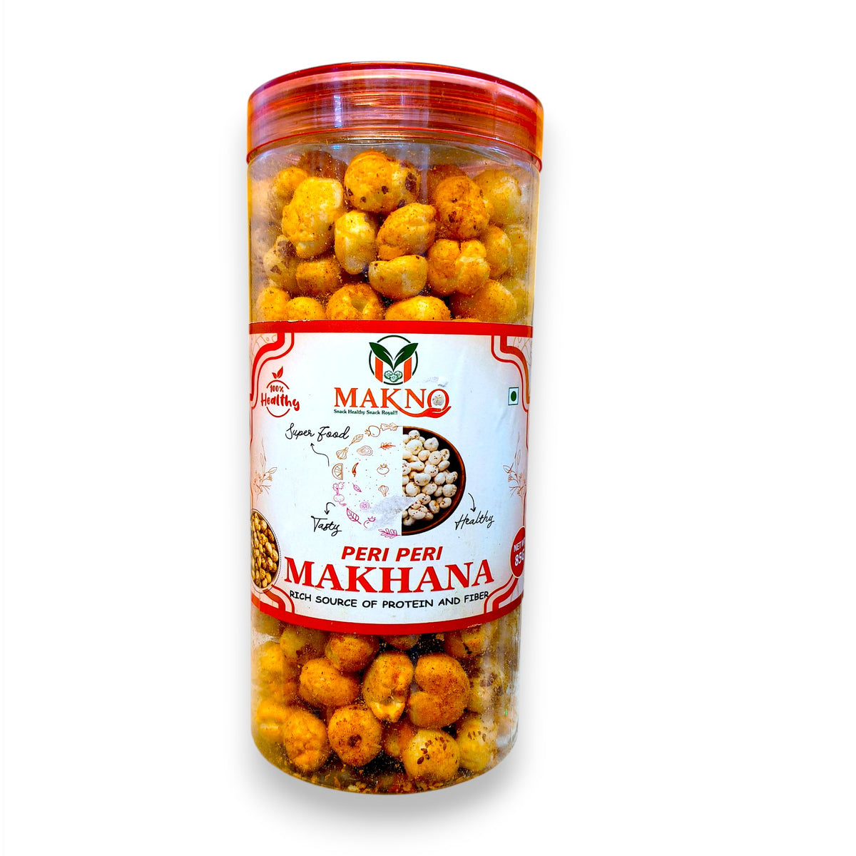 A clear plastic jar of MAKNO Peri Peri Makhana (split chickpeas) with a red lid and a white label featuring red and green branding, set against a plain white background.
