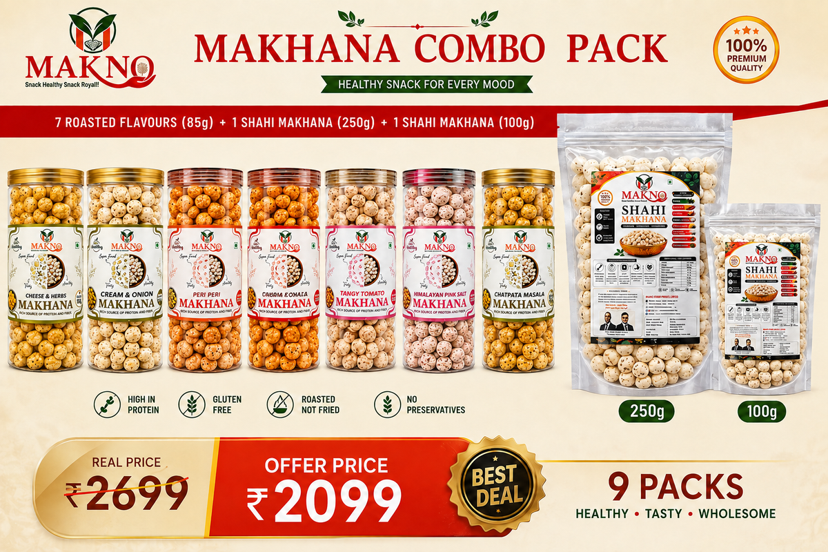 MAKNO Ultimate Makhana Combo Pack – 9 Premium Packs | 7 Roasted Flavours + Shahi Makhana 250g + 100g
