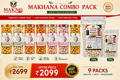 MAKNO Ultimate Makhana Combo Pack – 9 Premium Packs | 7 Roasted Flavours + Shahi Makhana 250g + 100g