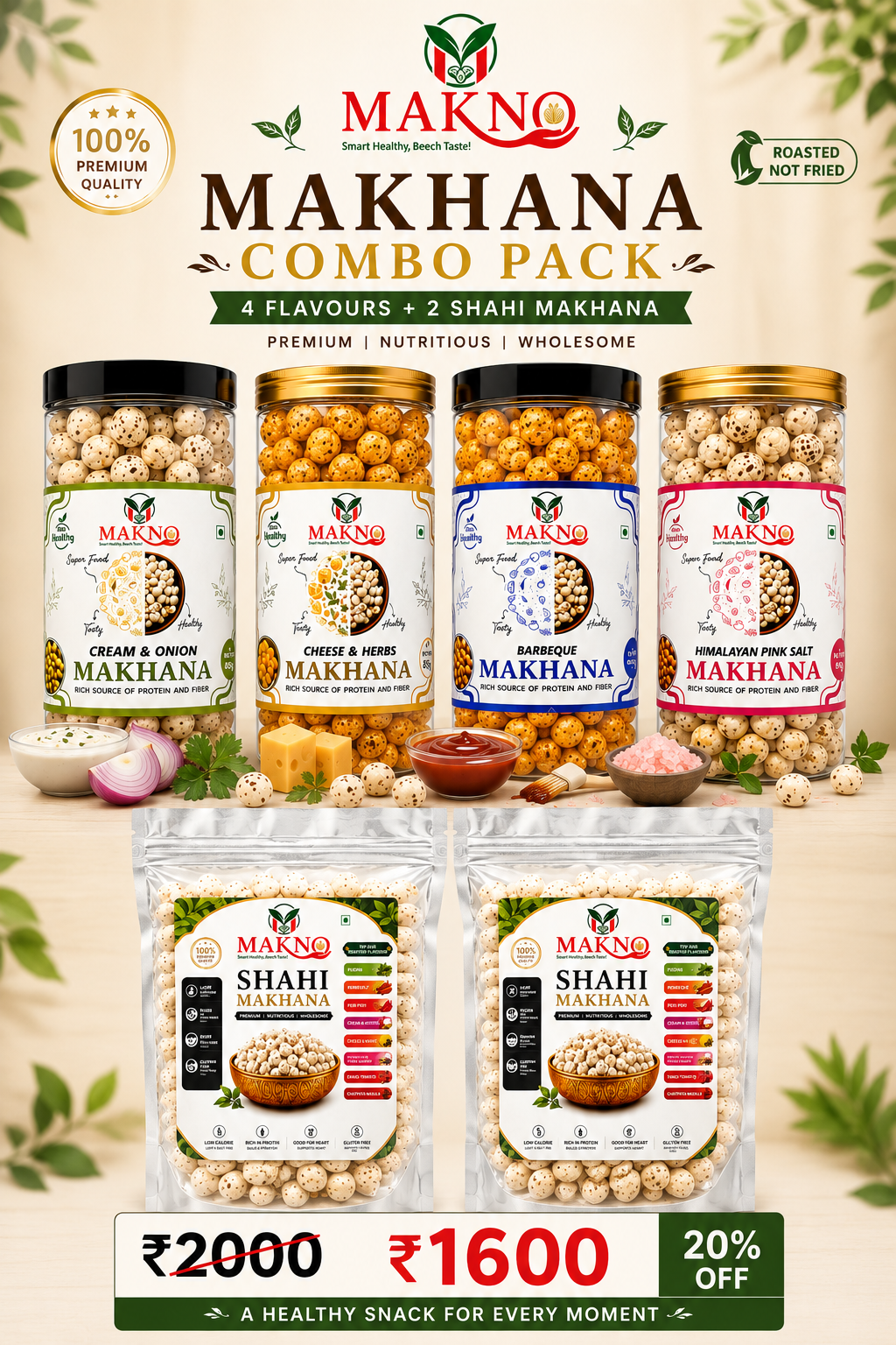 MAKNO Ultimate Makhana Combo Pack – 4 Flavours + 2 Shahi Makhana | 6 Pack Combo