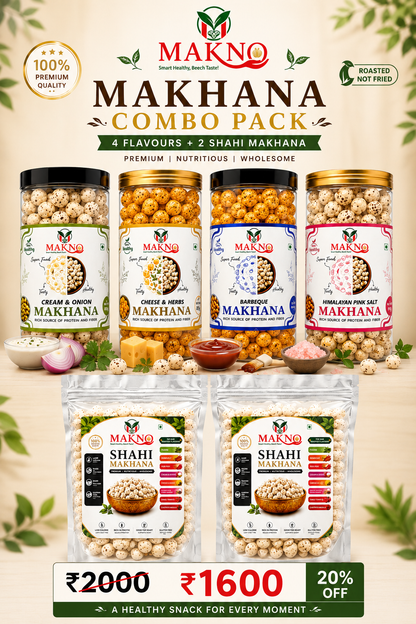MAKNO Ultimate Makhana Combo Pack – 4 Flavours + 2 Shahi Makhana | 6 Pack Combo