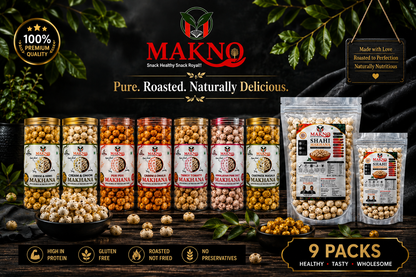 MAKNO Ultimate Makhana Combo Pack – 9 Premium Packs | 7 Roasted Flavours + Shahi Makhana 250g + 100g