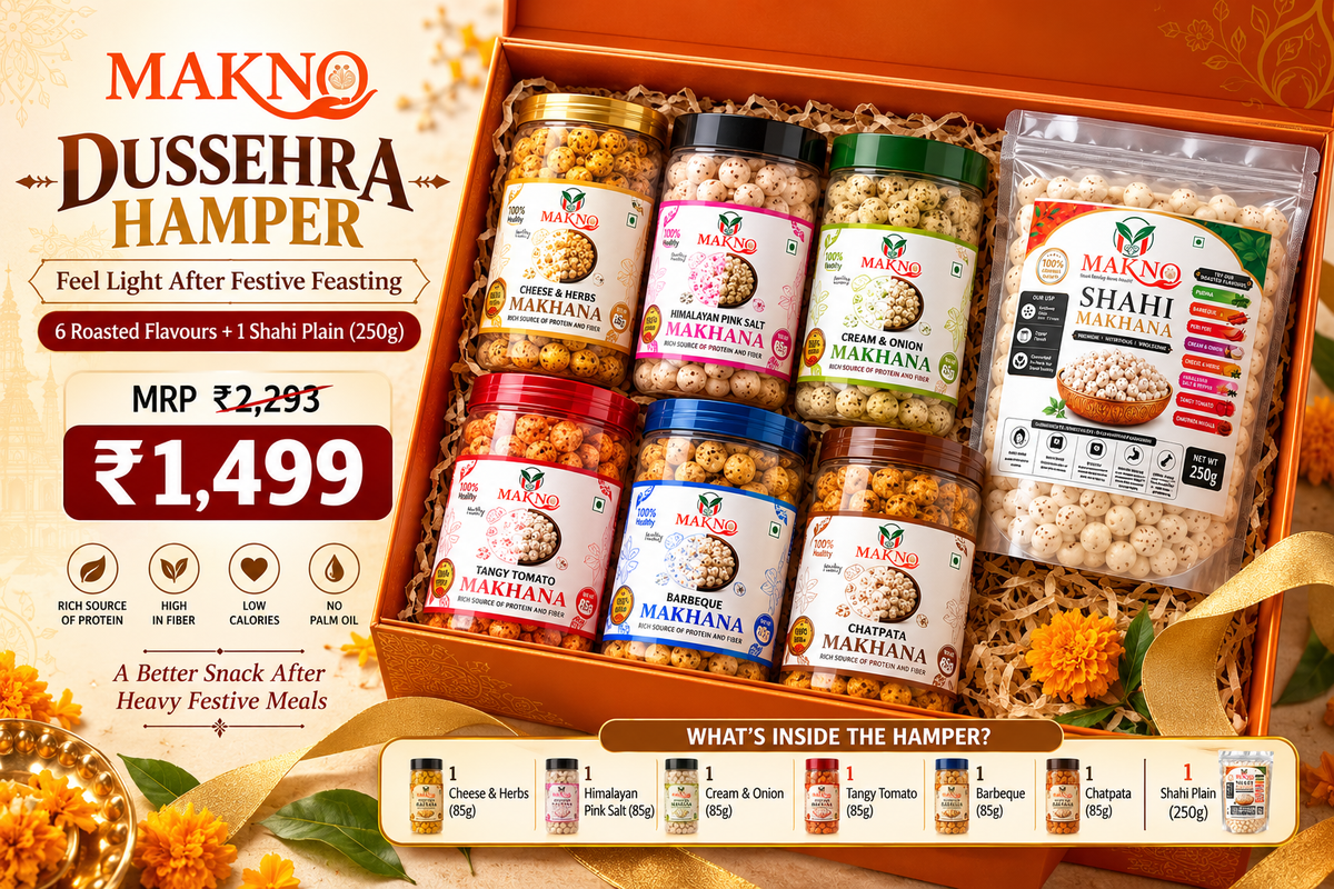 MAKNO Dussehra Makhana Gift Hamper – 6 Roasted Flavours + 250g Shahi Plain Makhana