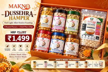 MAKNO Dussehra Makhana Gift Hamper – 6 Roasted Flavours + 250g Shahi Plain Makhana