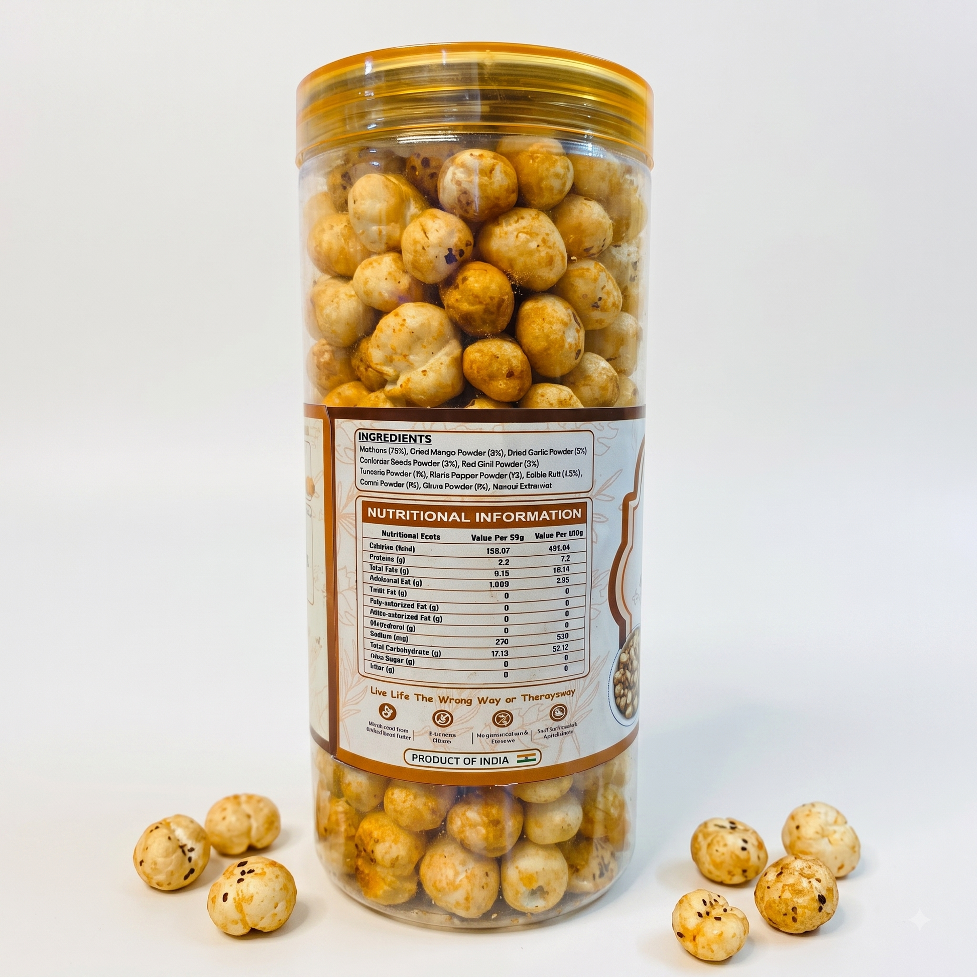 Back of the Makno Barbeque Makhana jar showing the ingredients list and nutritional information panel