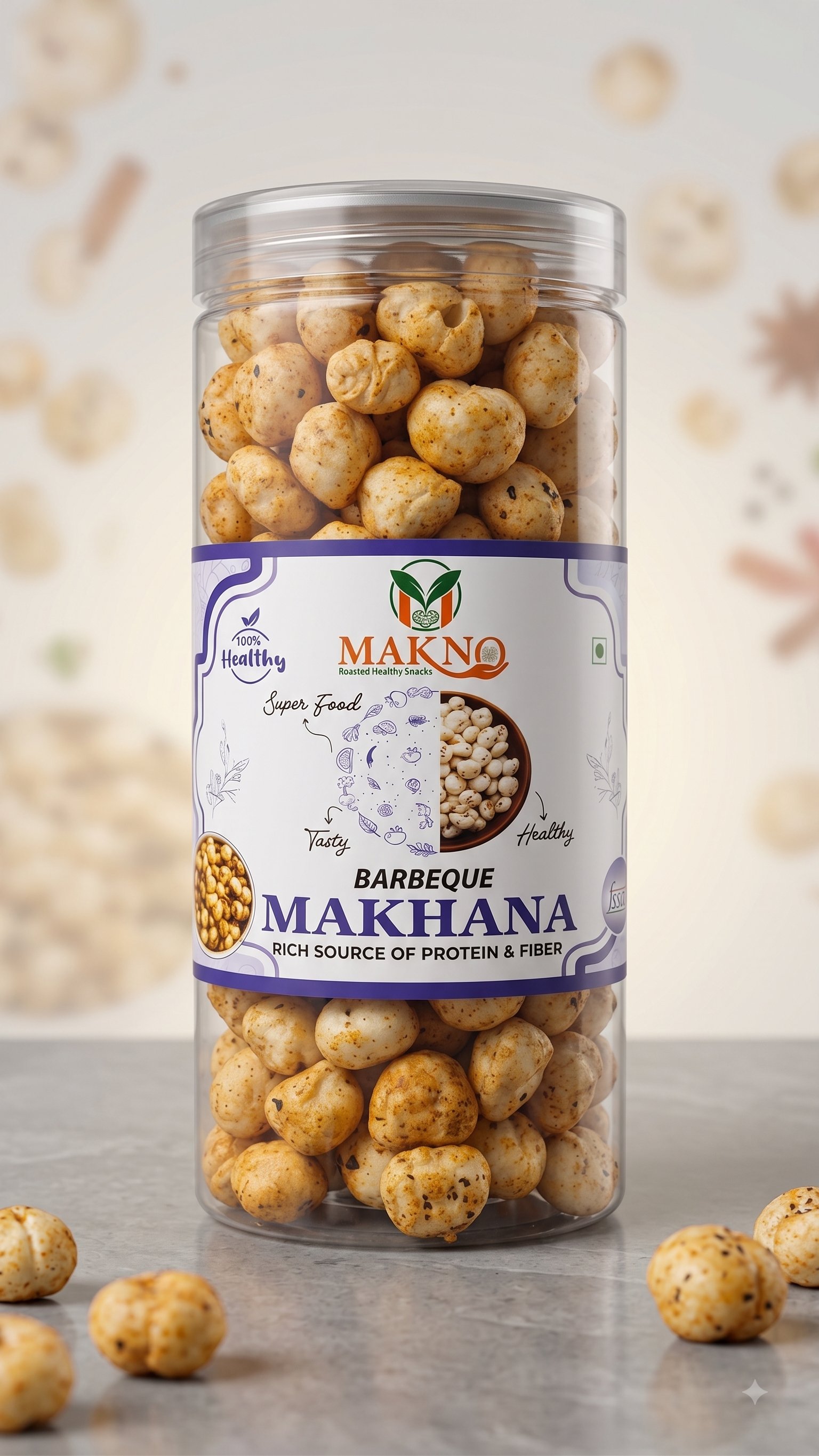Makno Barbeque Makhana jar styled on a kitchen counter with loose fox nuts scattered around it