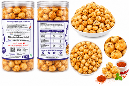 Makno Barbeque Makhana front and back pack shots beside bowls of roasted fox nuts and dipping spices
