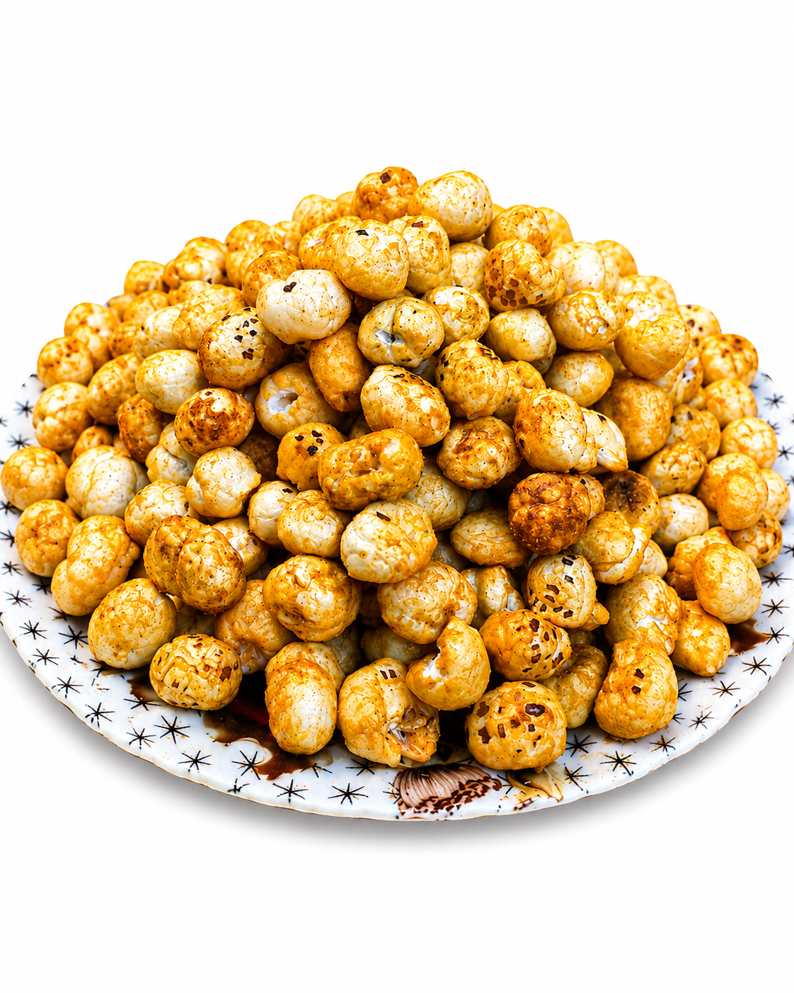 Barbeque roasted makhana fox nuts piled on a patterned ceramic plate