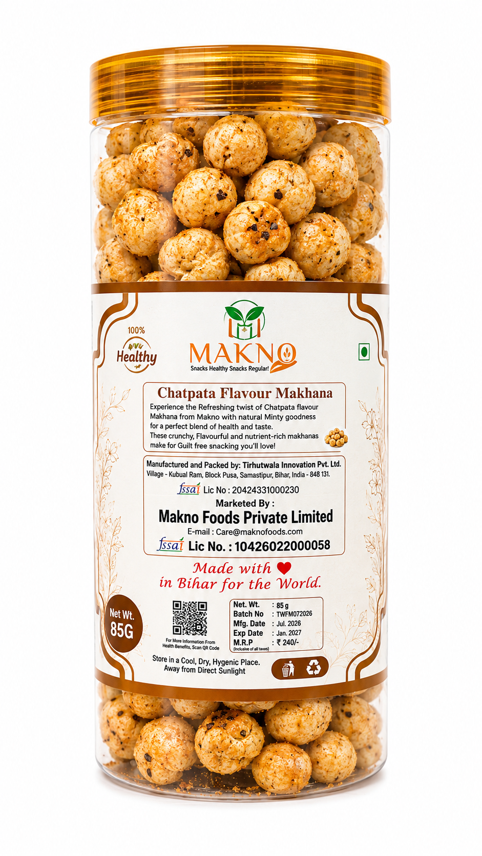 Back of the Makno Chatpata Makhana jar showing the product description and FSSAI licence details
