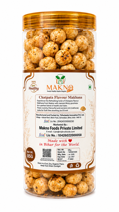 Back of the Makno Chatpata Makhana jar showing the product description and FSSAI licence details