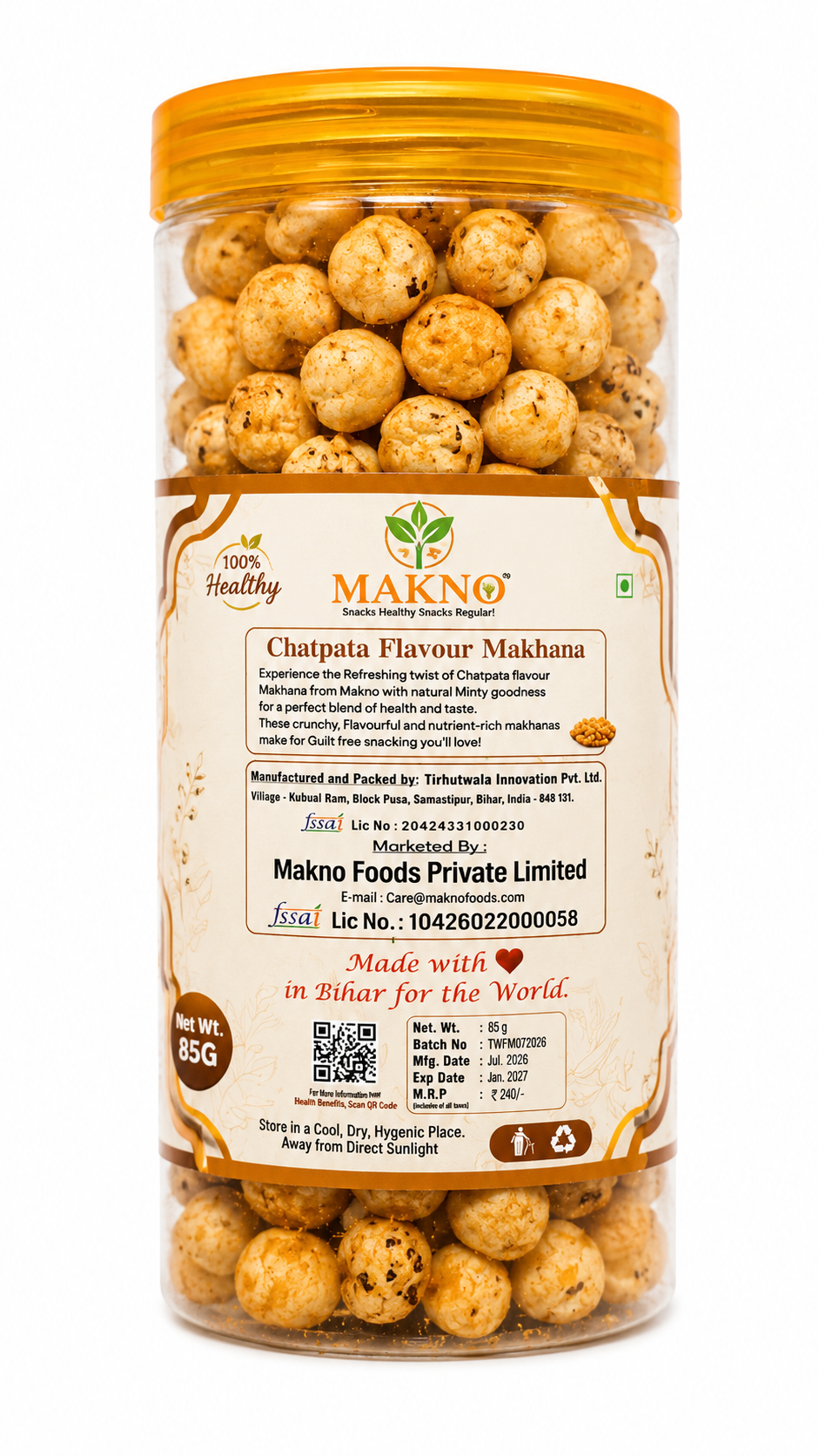Makno Chatpata Makhana jar label showing net weight, batch details and nutritional information