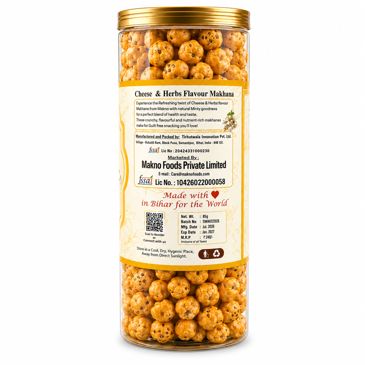 Back of the Makno Cheese and Herbs Makhana jar showing the product description and manufacturer details