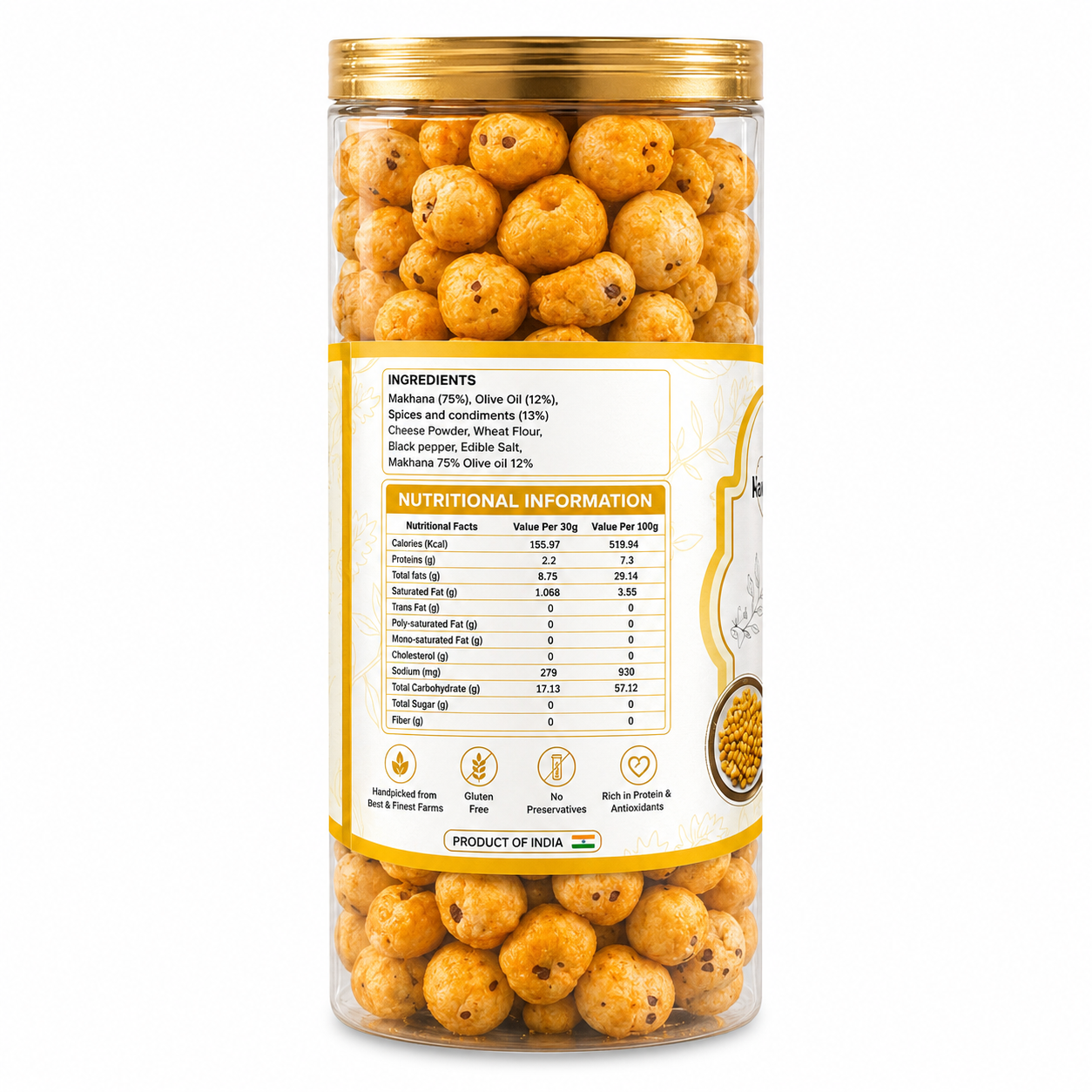 Ingredients and nutritional information panel on the Makno Cheese and Herbs Makhana jar