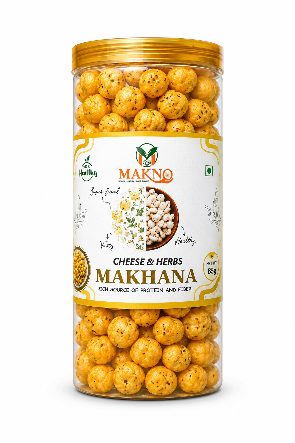 Makno Cheese and Herbs Flavour Makhana 85g jar with front label, on a white background
