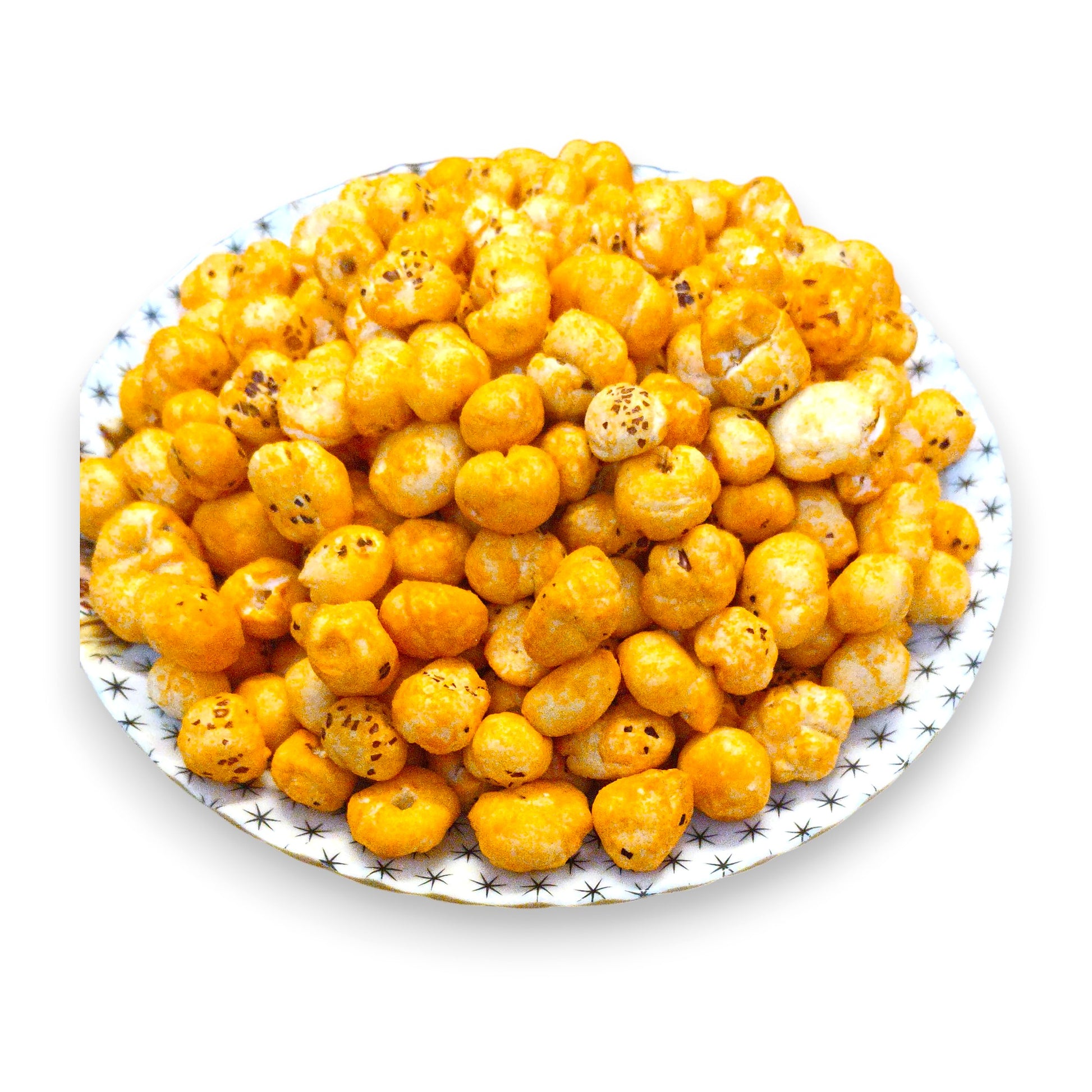 Overhead view of golden cheese and herbs coated makhana on a plate