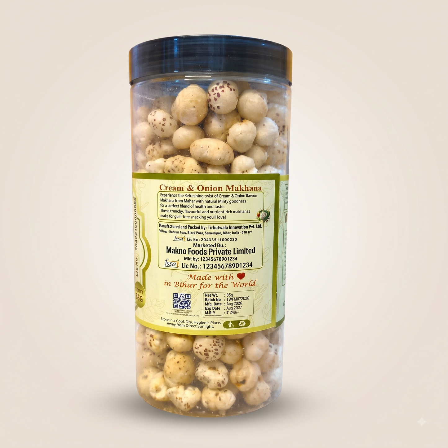 Back of the Makno Cream and Onion Makhana jar showing the product description and manufacturer details