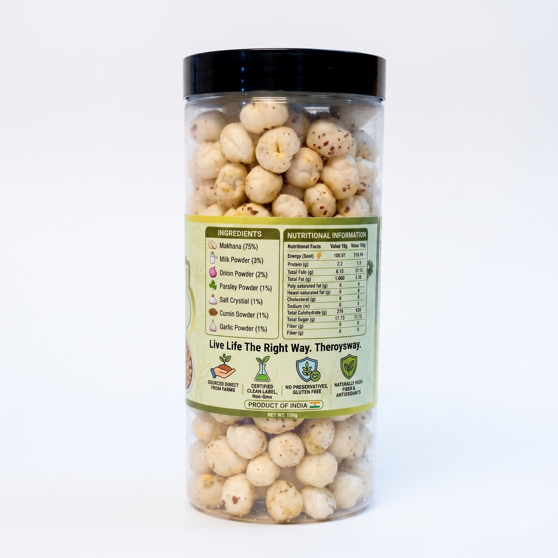 Ingredients and nutritional information panel on the Makno Cream and Onion Makhana jar