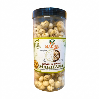 Makno Cream and Onion Flavour Makhana 85g jar with front label, on a white background