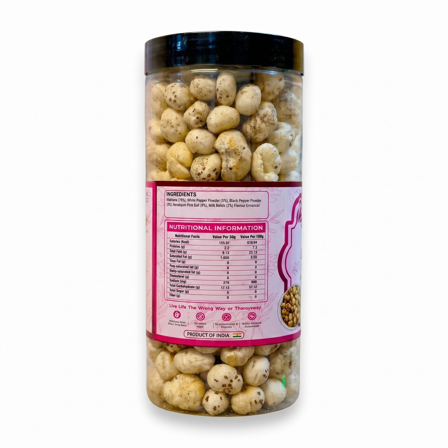 Ingredients and nutritional information panel on the Makno Himalayan Pink Salt Makhana jar