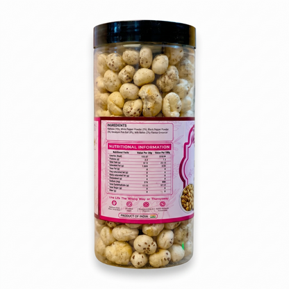 Ingredients and nutritional information panel on the Makno Himalayan Pink Salt Makhana jar