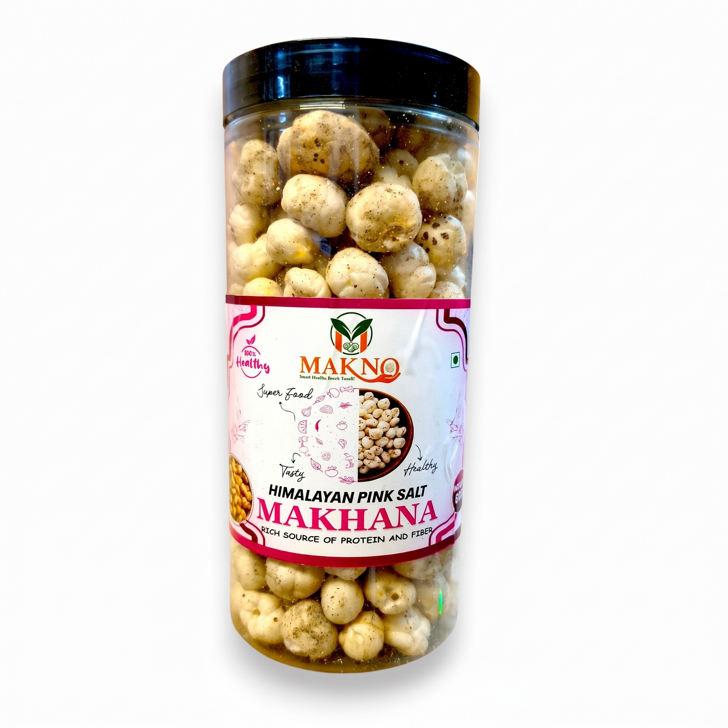 Makno Himalayan Pink Salt Flavour Makhana 85g jar with front label, on a white background