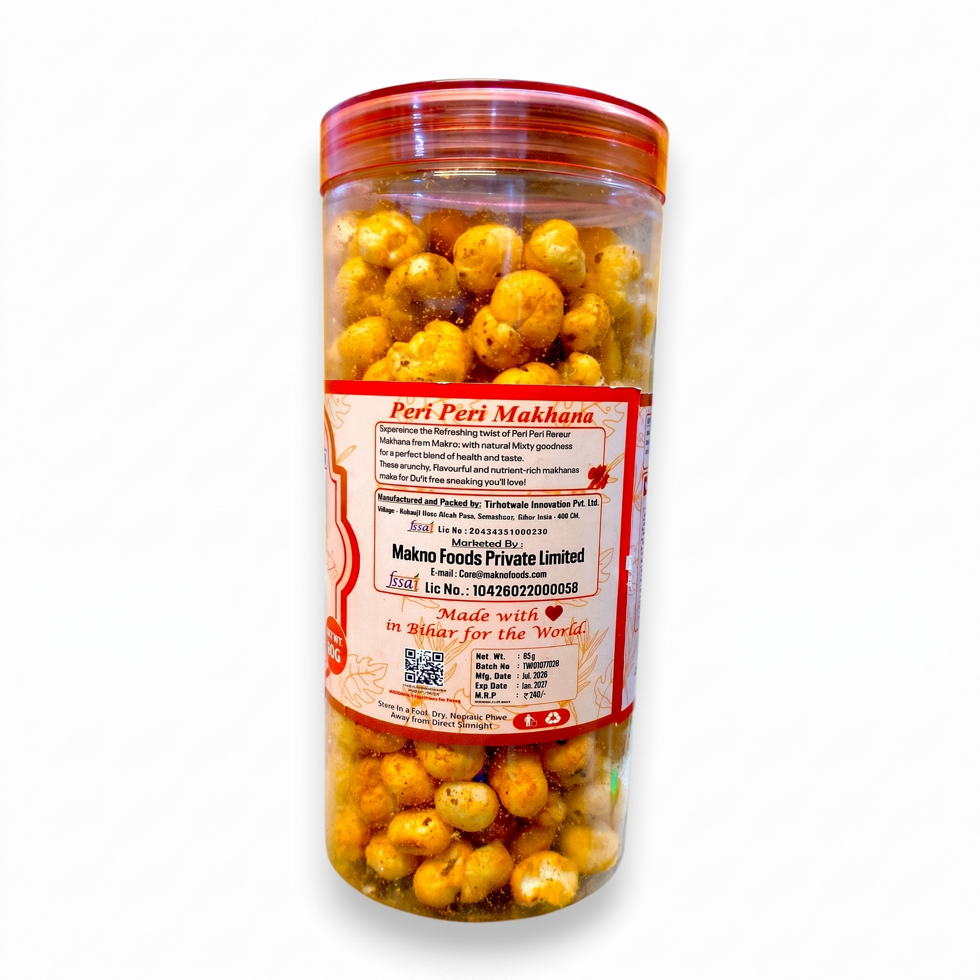 Back of the Makno Peri Peri Makhana jar showing the product description and FSSAI licence details