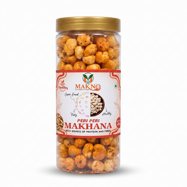 Makno Peri Peri Flavour Makhana 85g jar with front label, on a white background