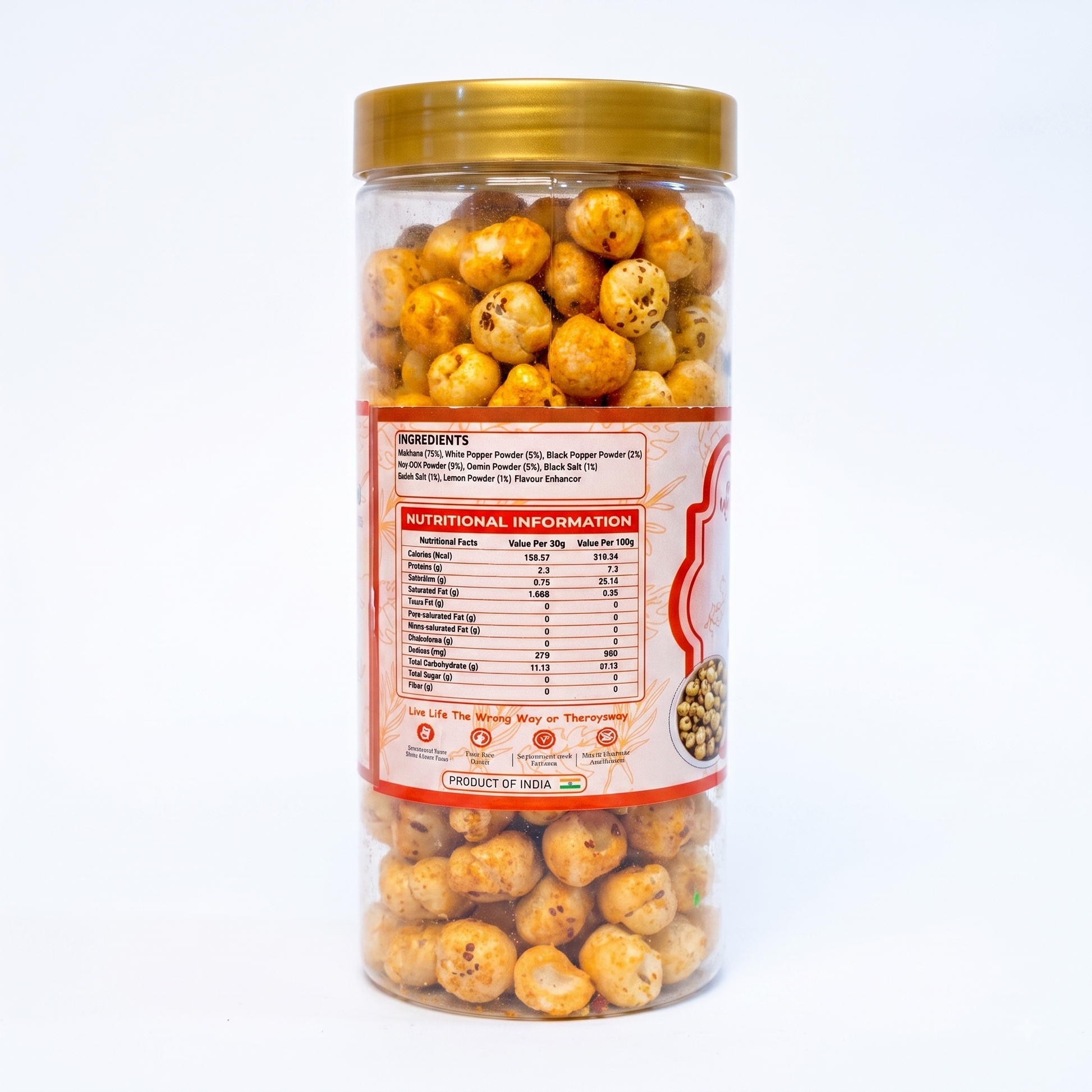Ingredients and nutritional information panel on the Makno Peri Peri Makhana jar