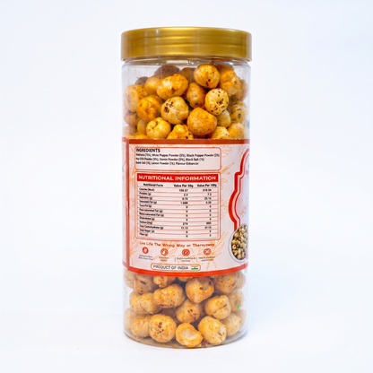 Ingredients and nutritional information panel on the Makno Peri Peri Makhana jar