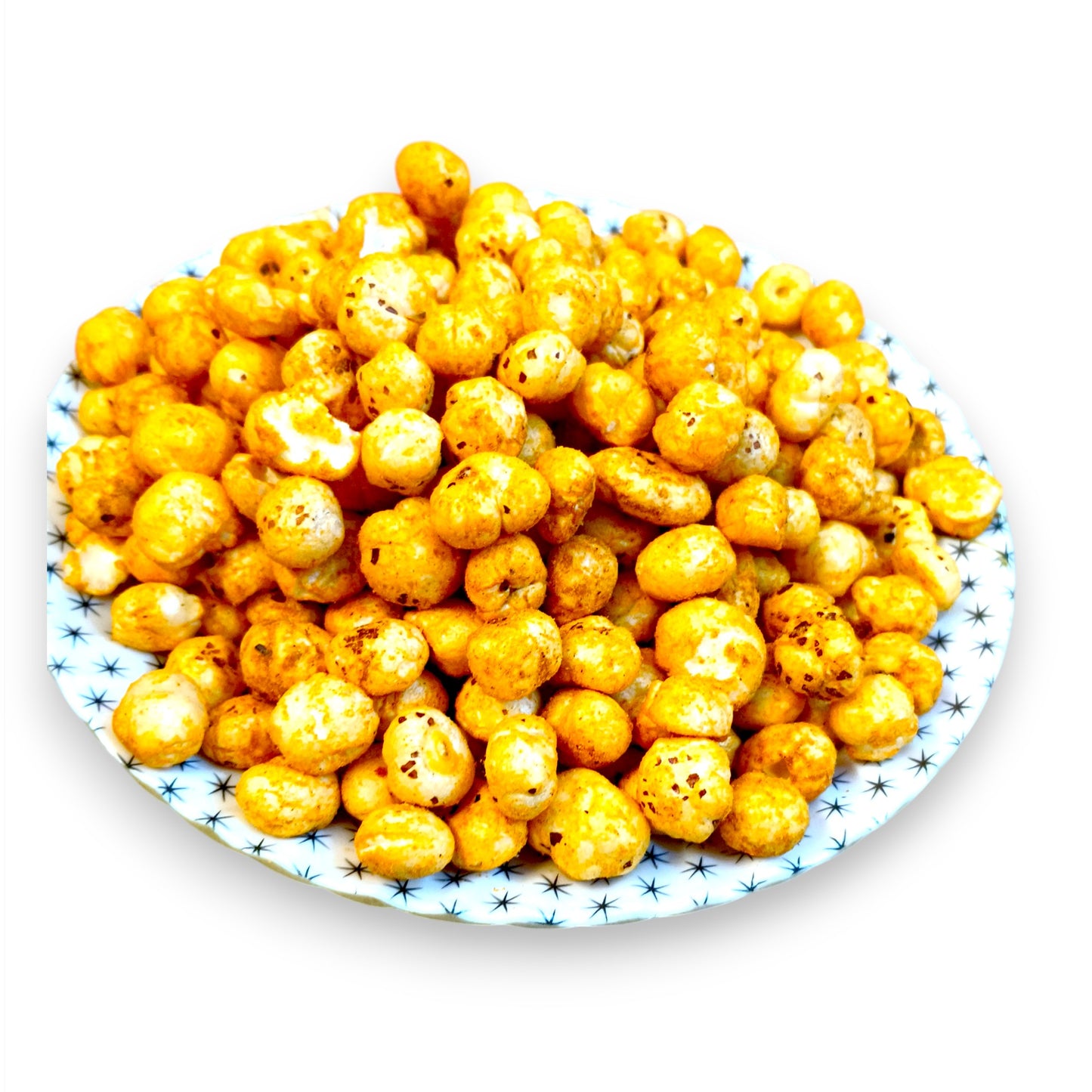 Side view of a plate heaped with spicy peri peri makhana