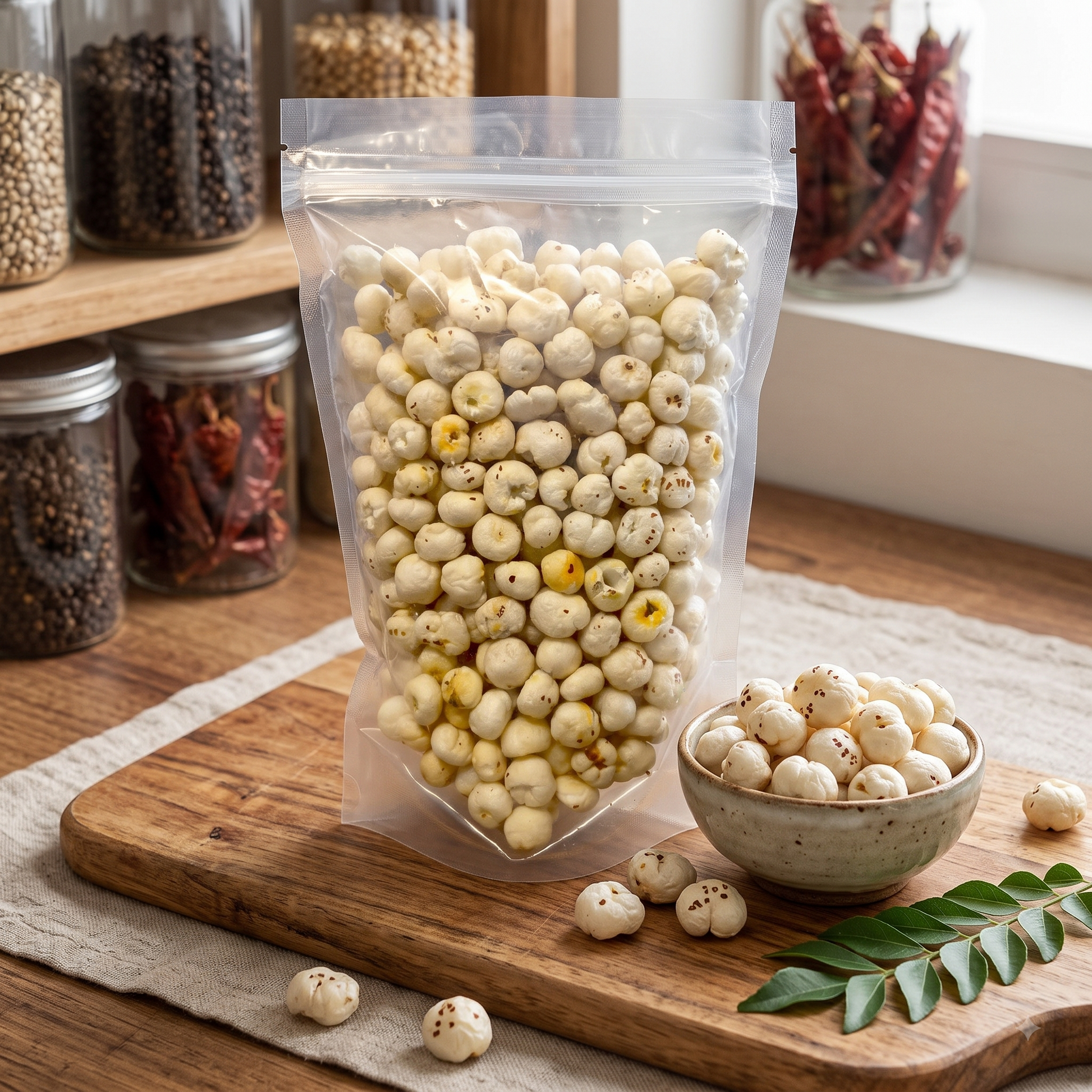 Makno Shahi Makhana 100g pouch on a wooden board with a bowl of fox nuts in a kitchen setting