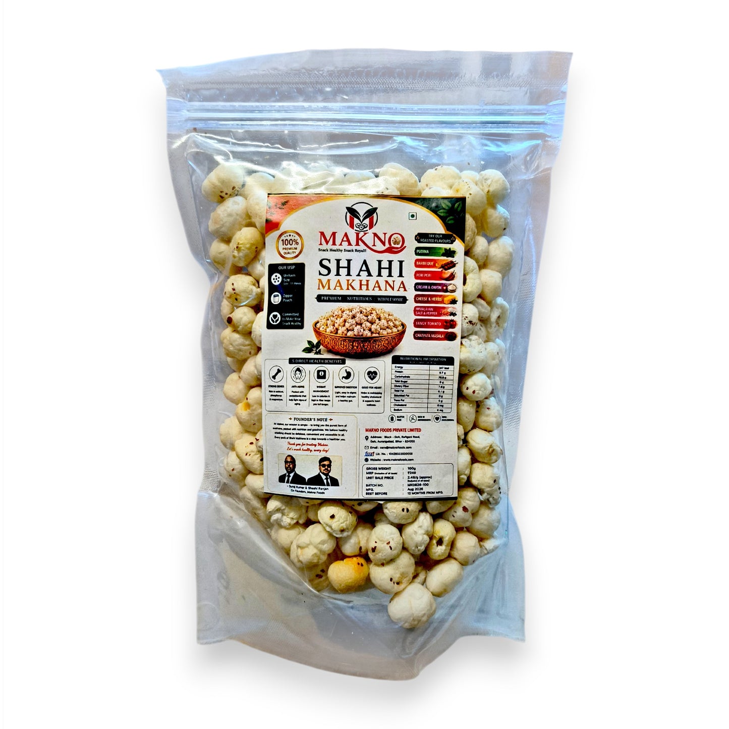 Makno Shahi Makhana plain fox nuts 100g zipper pouch, front of pack on a white background