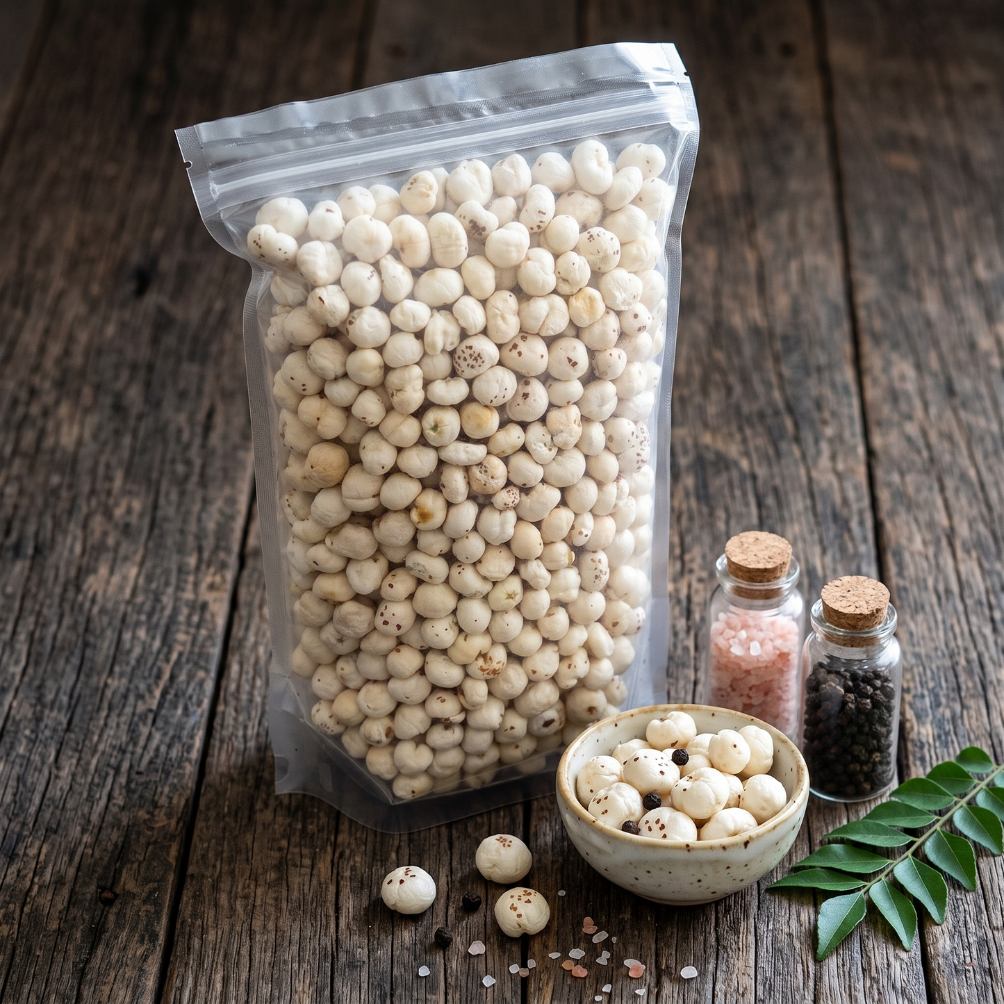 Makno Shahi Makhana 250g pouch on a rustic wooden table with a bowl of fox nuts, salt and pepper