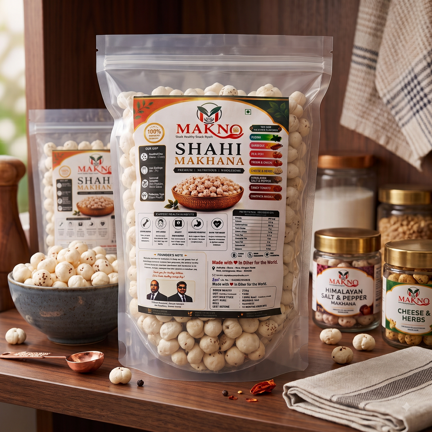 Makno Shahi Makhana 250g and 100g pouches styled on a wooden shelf with bowls of fox nuts and flavoured jars