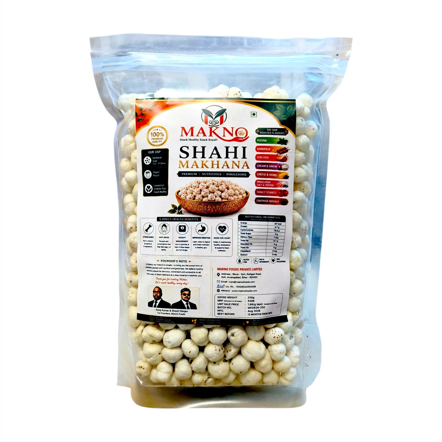 Makno Shahi Makhana plain fox nuts 250g zipper pouch, front of pack on a white background
