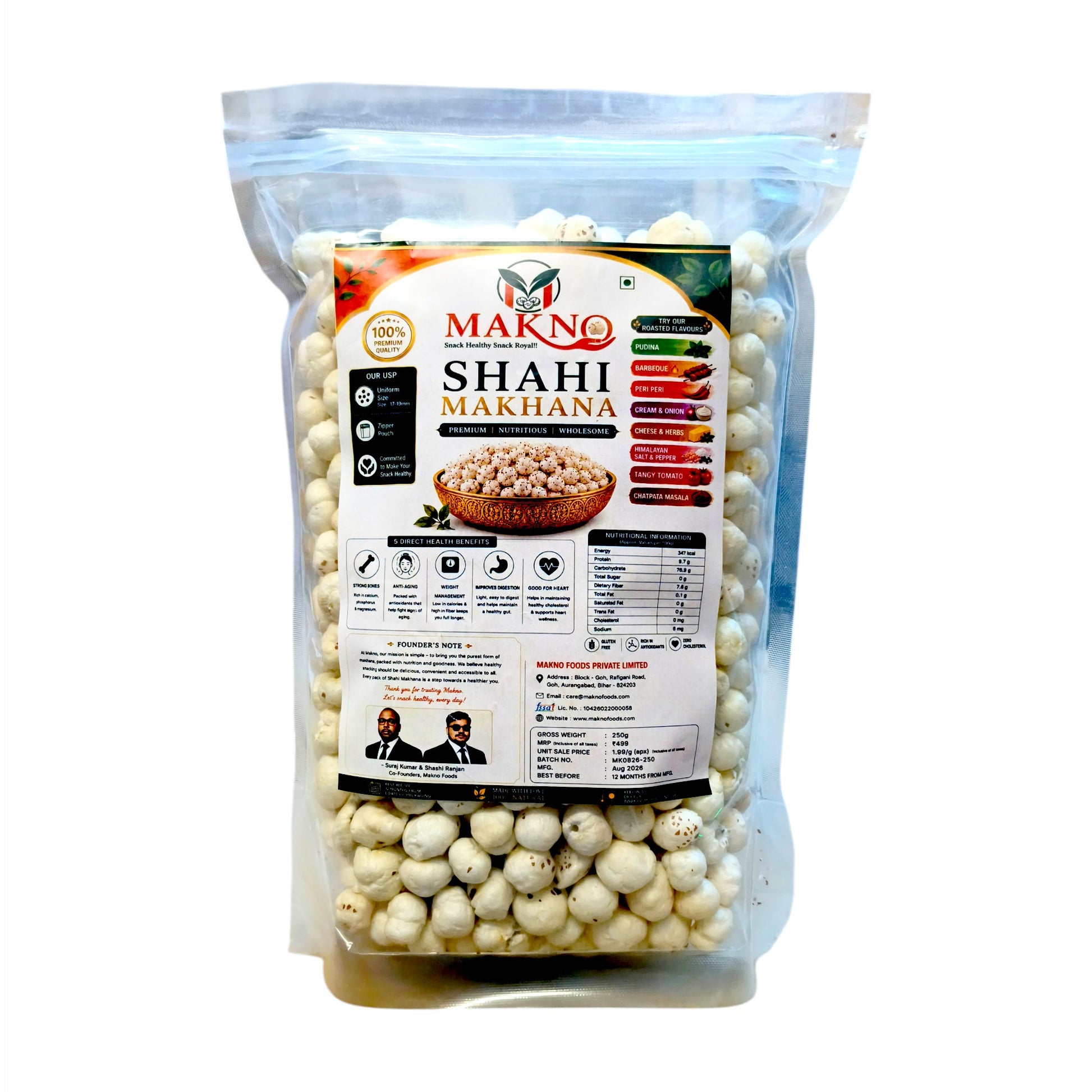 Makno Shahi Makhana plain fox nuts 250g zipper pouch, front of pack on a white background