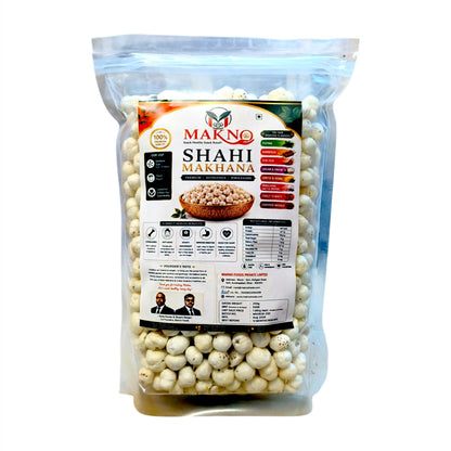 Makno Shahi Makhana plain fox nuts 250g zipper pouch, front of pack on a white background