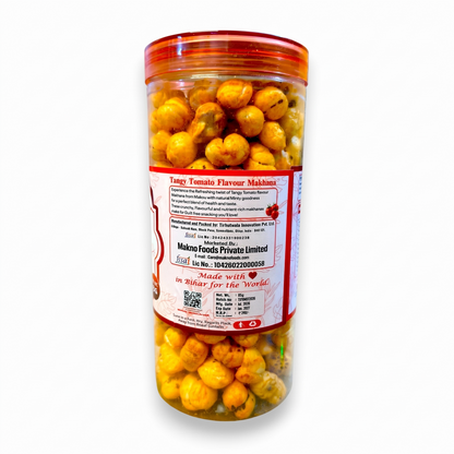 Back of the Makno Tangy Tomato Makhana jar showing the product description and manufacturer details