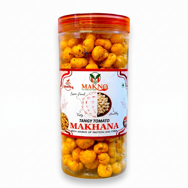 Makno Tangy Tomato Flavour Makhana 85g jar with front label, on a white background