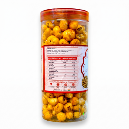 Ingredients and nutritional information panel on the Makno Tangy Tomato Makhana jar