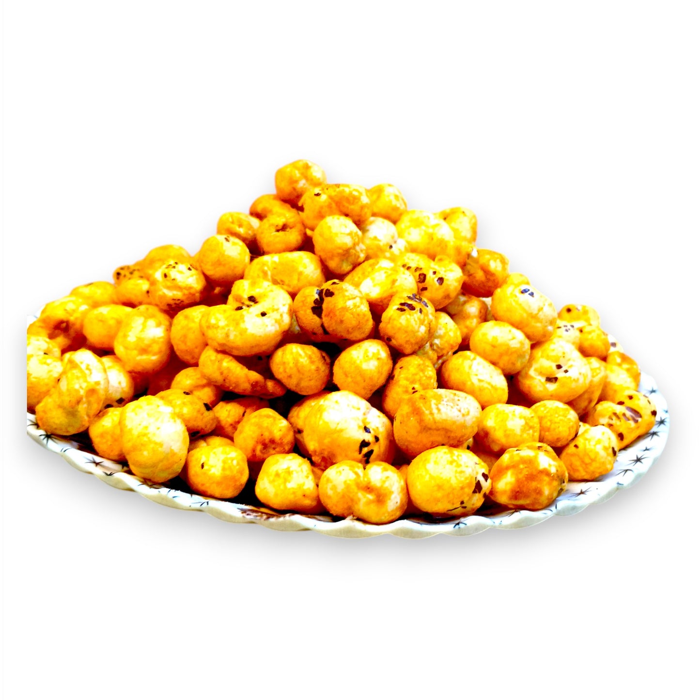 Tangy tomato roasted makhana fox nuts piled on a patterned ceramic plate