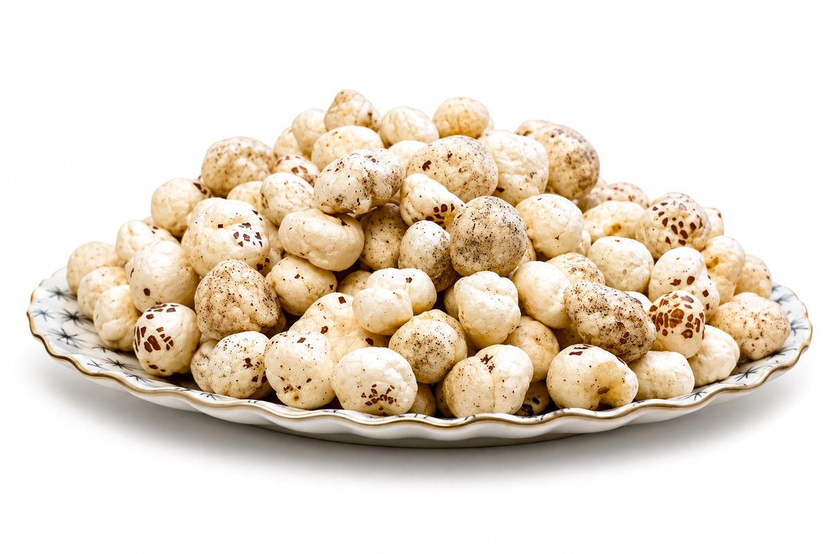 A pile of roasted Himalayan Pink Salt  popcorn kernels on a decorative white scalloped plate with a gold rim, isolated on a white background.